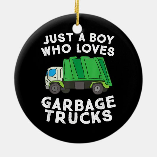 Een jongen die van vuilniswagens houdt keramisch ornament (Achterkant)