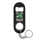 Een jongen die van vuilniswagens houdt mini flessenopener (Achterkant)
