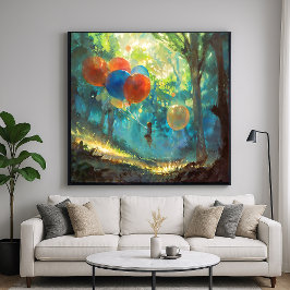 Een jongen en zijn ballonnen - kleurrijk impressio poster