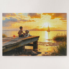 Een jongen en zijn hond bij het meer bij zonsonder legpuzzel