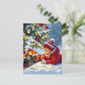 Een jongen en zijn ouderwetse kersttrein briefkaart (Staand voorkant)
