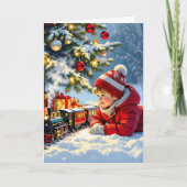 Een jongen en zijn ouderwetse kersttrein feestdagen kaart (Voorkant)