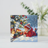 Een jongen en zijn ouderwetse kersttrein kaart (Staand voorkant)