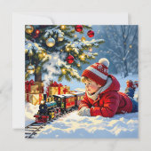 Een jongen en zijn ouderwetse kersttrein kaart (Voorkant)