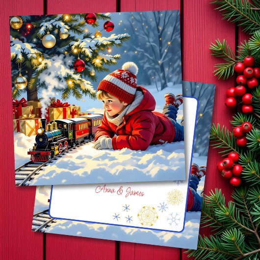 Een jongen en zijn ouderwetse kersttrein kaart
