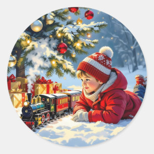 Een jongen en zijn ouderwetse kersttrein ronde sticker