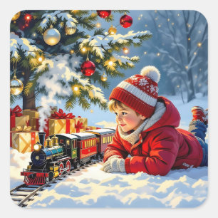 Een jongen en zijn ouderwetse kersttrein vierkante sticker