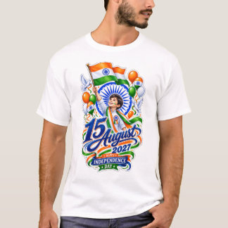 Een jongen houdt vrolijk een Indiase vlag 2027 T-shirt