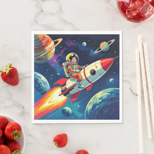 Een jongen in stripstijl op een raket in de ruimte servet (Insitu)