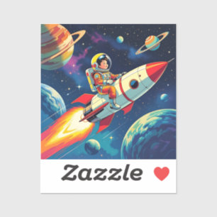 Een jongen in stripstijl op een raket in de ruimte sticker