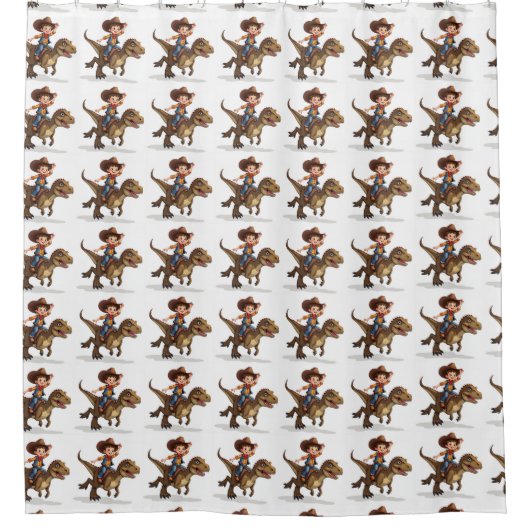 Een jongen rijdt op een T-Rex douchegordijn (Voorkant)