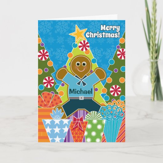 Een jongen van de Peperkoek voor Kerstmis voegt Feestdagen Kaart (Voorkant)