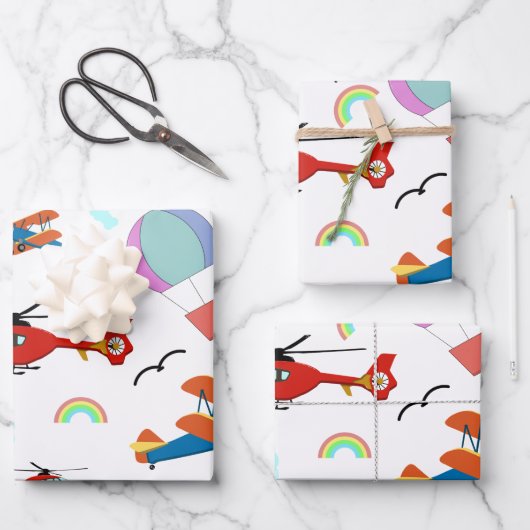 Een jongens vliegend patroon op wit inpakpapier vel (Voorkant)