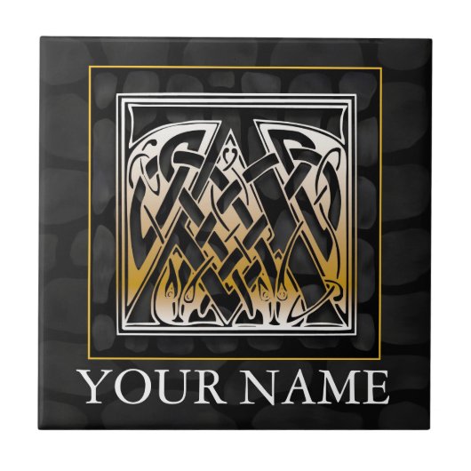 Een "Jouw naam" Celtic Black Stone Monogram Tile Tegeltje (Voorkant)