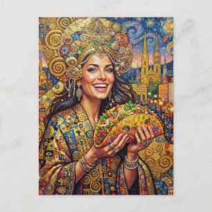 Een Joyvolle Dame Met Een Reusachtige Taco Briefkaart
