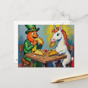 Een kabouter en een eenhoorn die taco's eten briefkaart