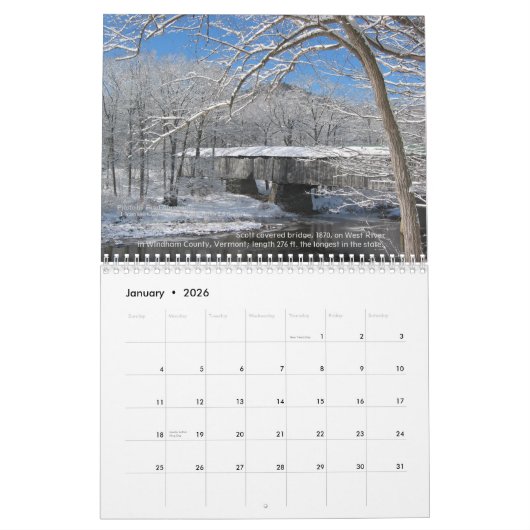 Een kalender van 2018 met gedekte bruggen in de VS (Jan 2026)