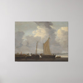 Een kalmte met vissers die hun vangst lossen canvas afdruk