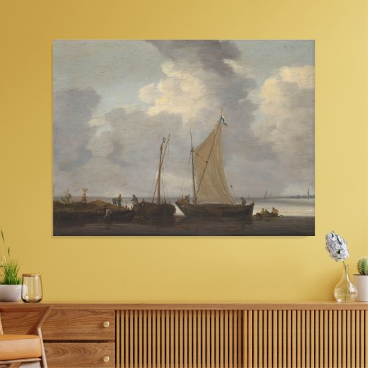Een kalmte met vissers die hun vangst lossen canvas afdruk (Insitu (Woonkamer))