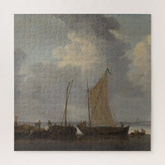 Een kalmte met vissers die hun vangst lossen legpuzzel (Verticaal)