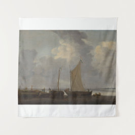 Een kalmte met vissers die hun vangst lossen wandkleed