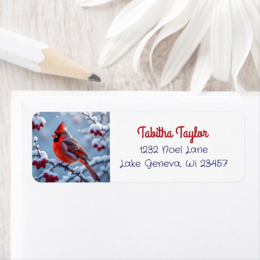 Een kardinaal op een besneeuwde tak kerst etiket (Insitu)