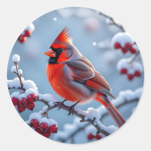 Een kardinaal op een besneeuwde tak kerst ronde sticker (Voorkant)