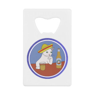 Een kat die een Sombrero draagt en Drink Creditkaart Flessenopener