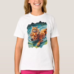 Een kat die met een vriendelijke hond in het water t-shirt
