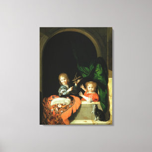 Een kat die twee jongens bekijkt canvas afdruk
