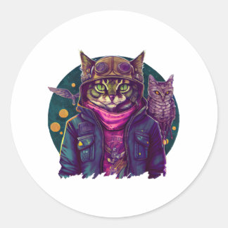 Een kat en een uil ronde sticker