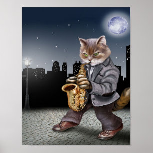 Een kat in de nacht met saxofoons - Cat Lover Cft Poster