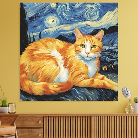 Een kat in de Sterrennacht Canvas Afdruk (Insitu (Woonkamer))