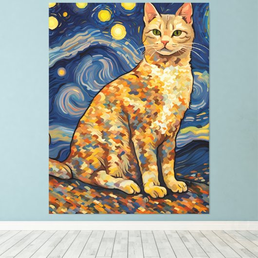 Een kat in de Sterrennacht Canvas Afdruk (Insitu (Houten vloer))