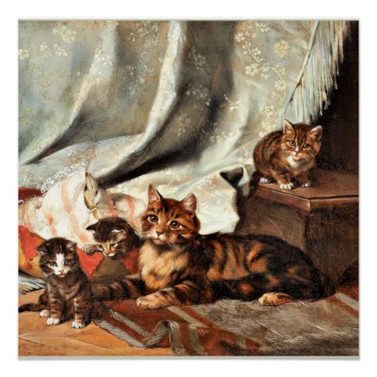 Een kat met drie Kittens, mooi kunstschilderij Perfect Poster (Voorkant)