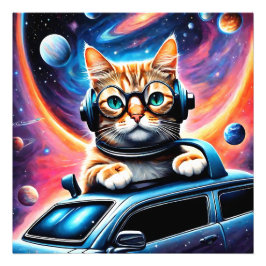 Een kat met een hoofdtelefoon en een bril op... foto afdruk