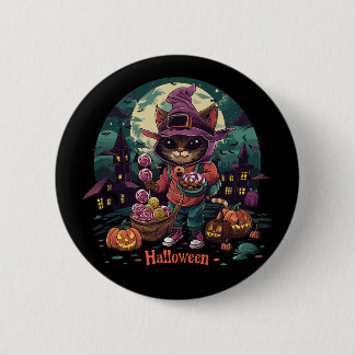 Een kat met een mand bloemen en een kat met een za ronde button 5,7 cm
