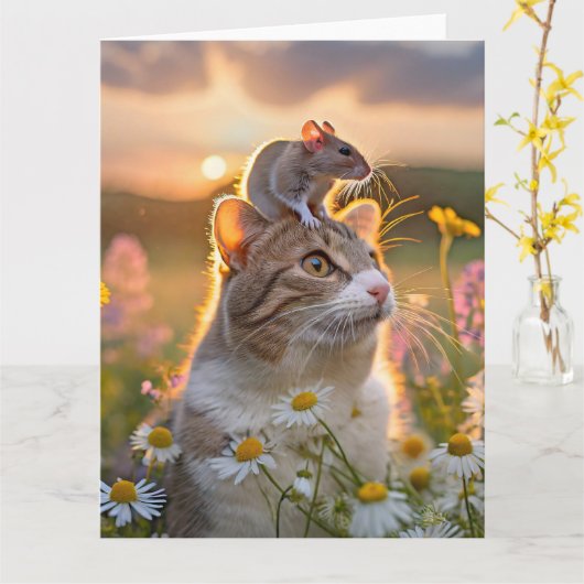 Een kat met een muis op zijn kop tussen de bloemen kaart (Gele Bloem)