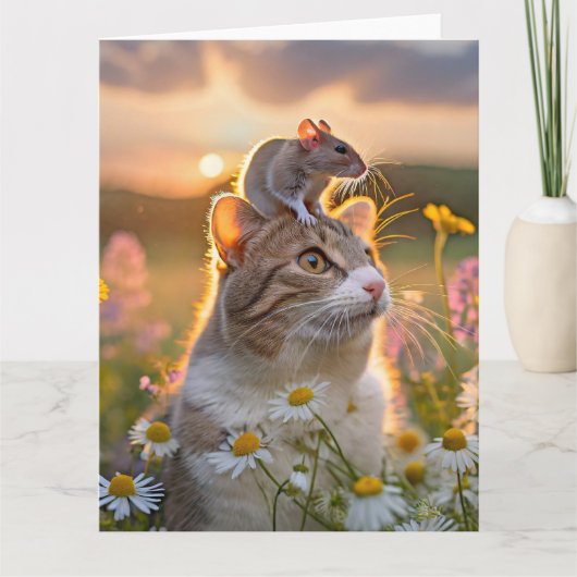 Een kat met een muis op zijn kop tussen de bloemen kaart (Voorkant)
