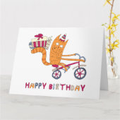 Een kat op de fiets heeft verjaardagscadeaus bij z kaart (Gele Bloem)