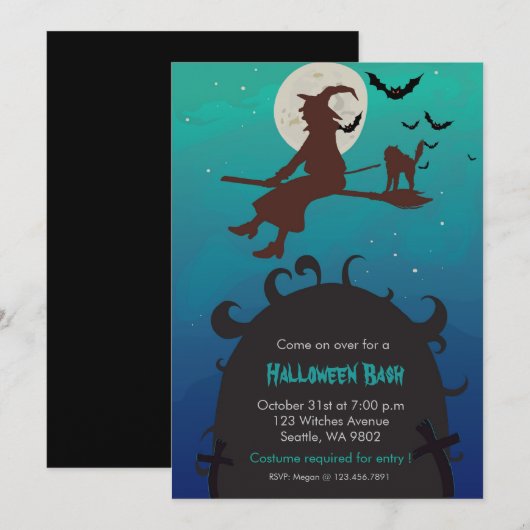 Een kat op een broom-halloween-partij-uitnodiging kaart (Voorkant / Achterkant)