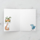 Een kat op een verjaardagskaart... of een vogeldag kaart (Binnen)