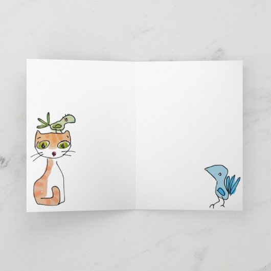 Een kat op een verjaardagskaart... of een vogeldag kaart (Binnen)