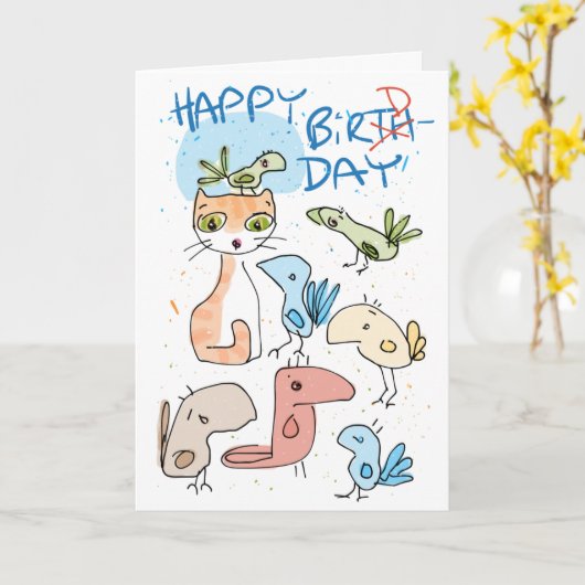 Een kat op een verjaardagskaart... of een vogeldag kaart (Gele Bloem)