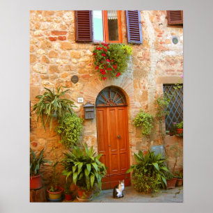 Een kat zoekt naar de ingang naar huis in Pienza,  Poster