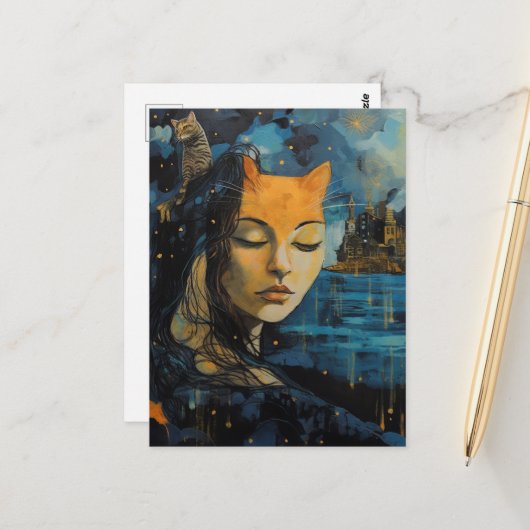 Een kattenvrouw in de stad briefkaart (Voorkant / Achterkant in situ)