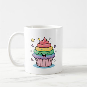 Een kawaii giechelende cupcake met regenboog en gl koffiemok