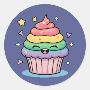 Een kawaii giechelende cupcake met regenboog en gl ronde sticker