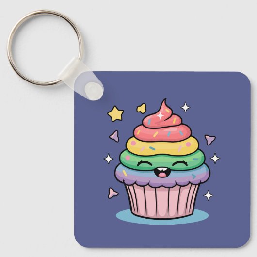 Een kawaii giechelende cupcake met regenboog en gl sleutelhanger (Voorkant)