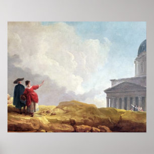 Een kerk die aan een reiziger in een Uitgebreide Poster